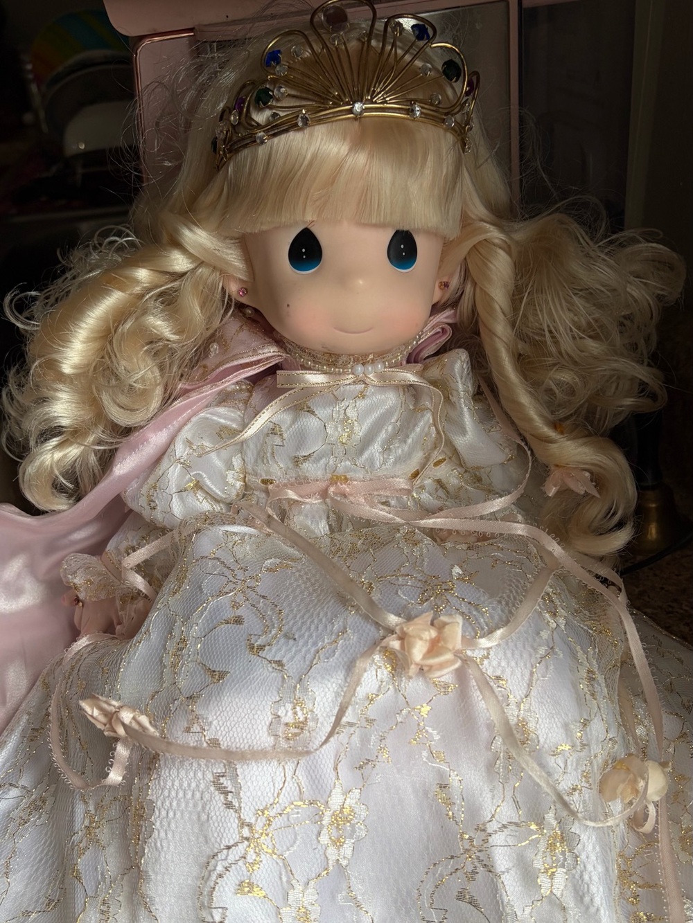 1992 Precious Moments Blonde Princess Doll in White and Pink Gown